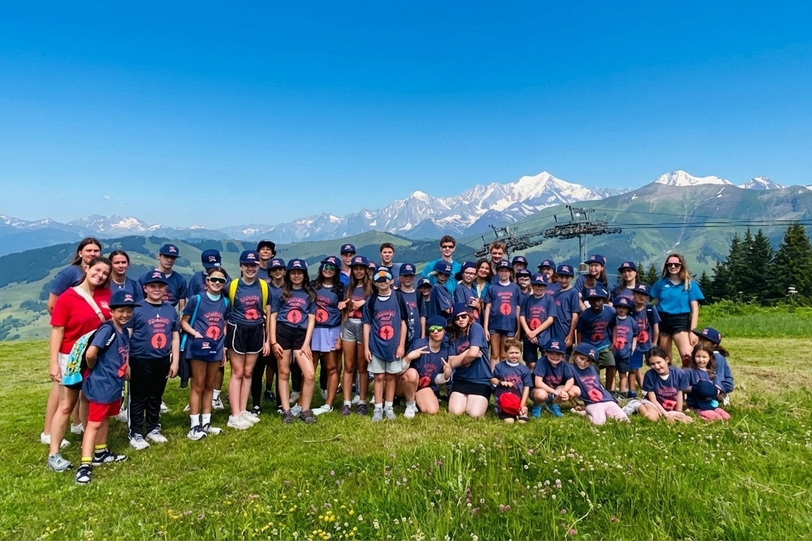 Group of people in matching outfits posing on a grassy hill with mountains in the background